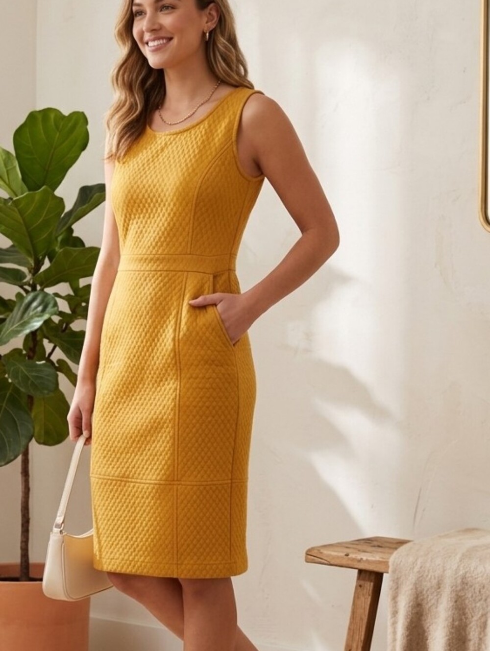 Anthropologie Tabitha Mustard Quilted Sleeveless Sheath Dress Size 6 Midi Work